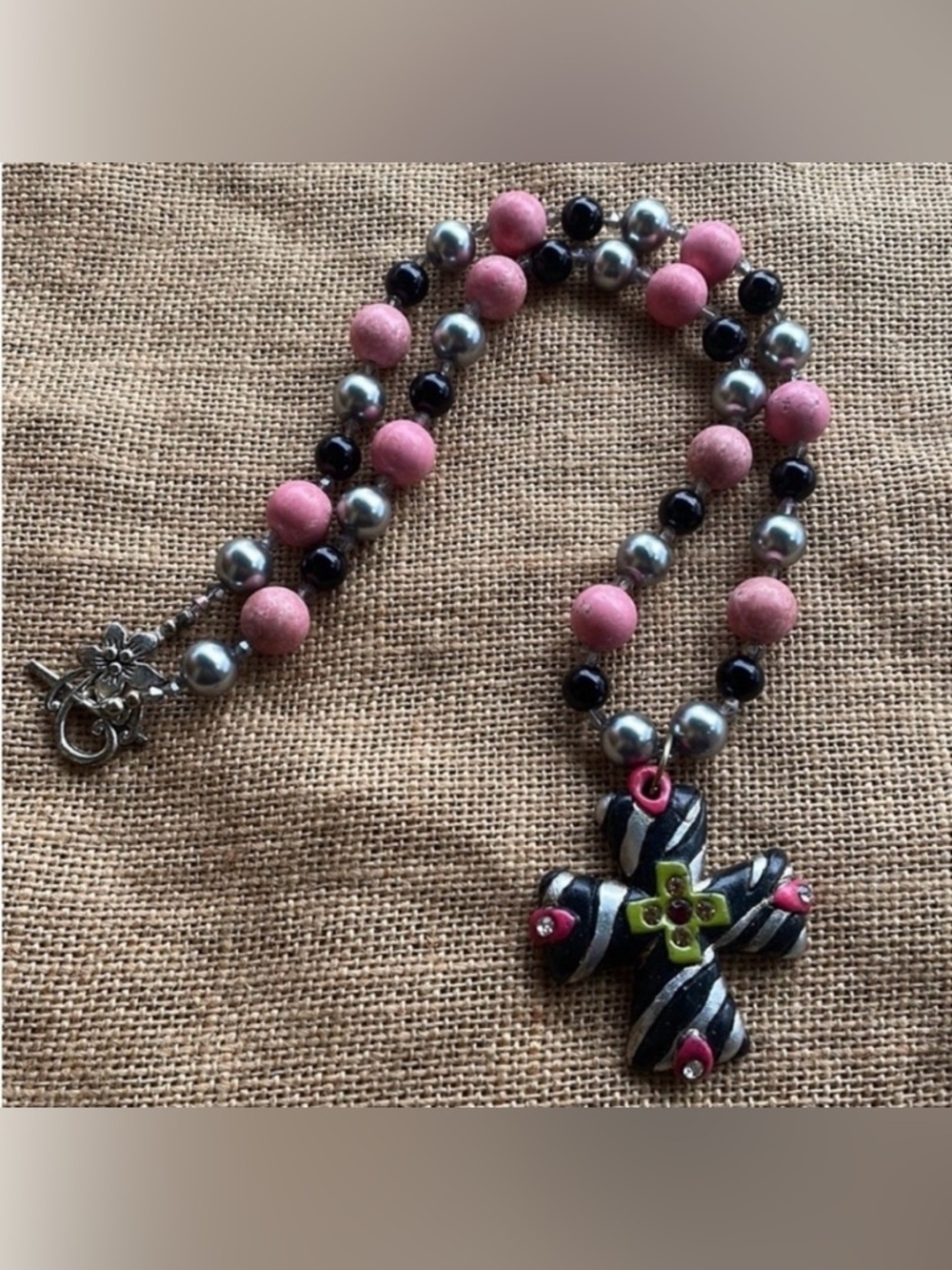 Western chunky necklace cross zebra country pink black silver NEW handmade rodeo